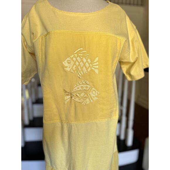 Vintage 90s Johnny Was Cotton Silk Yellow TShirt Dress Resort Beach Pool CoverUp - Picture 5 of 11